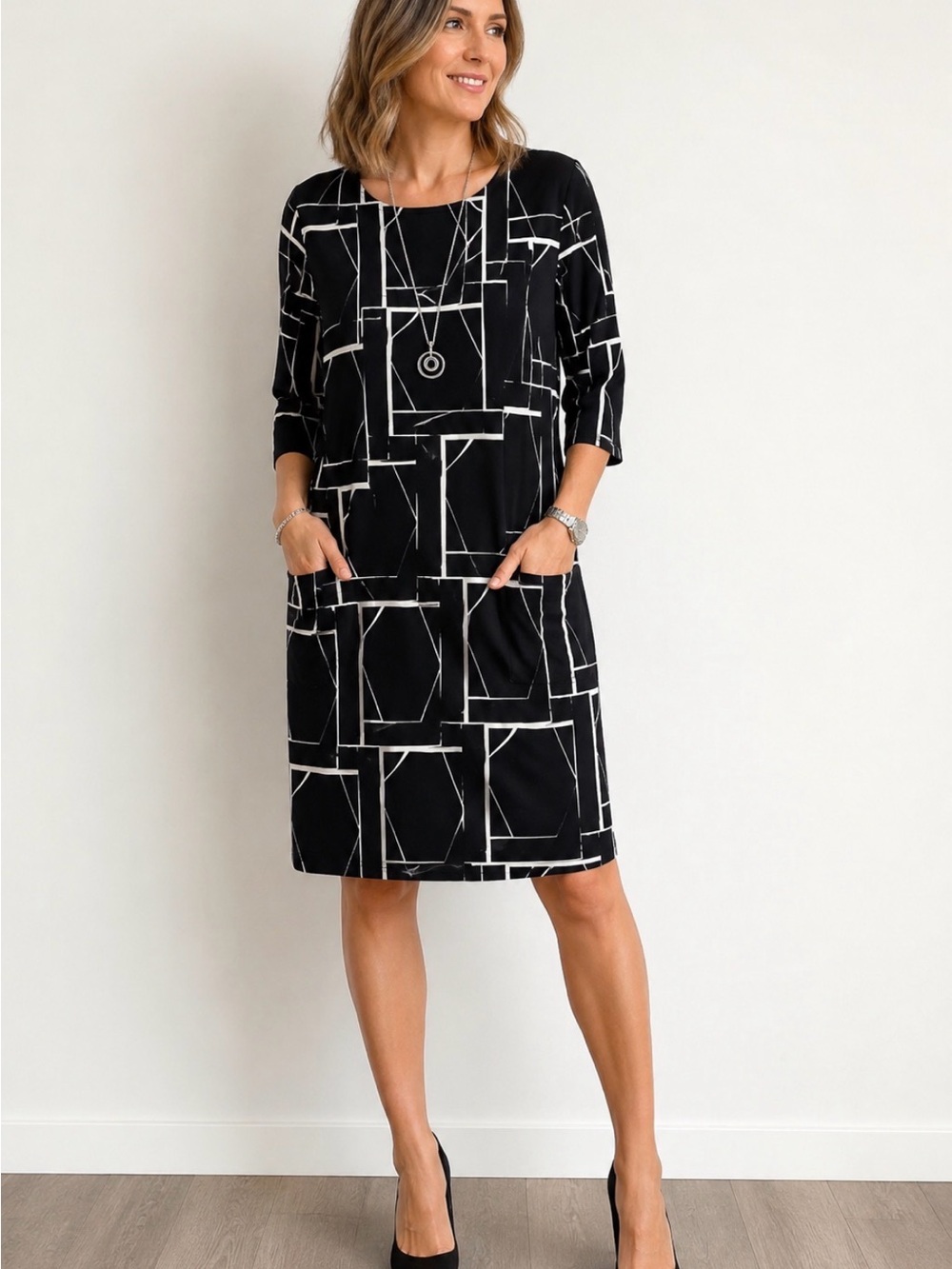 Classic Black & White Geometric Midi Dress with Pockets